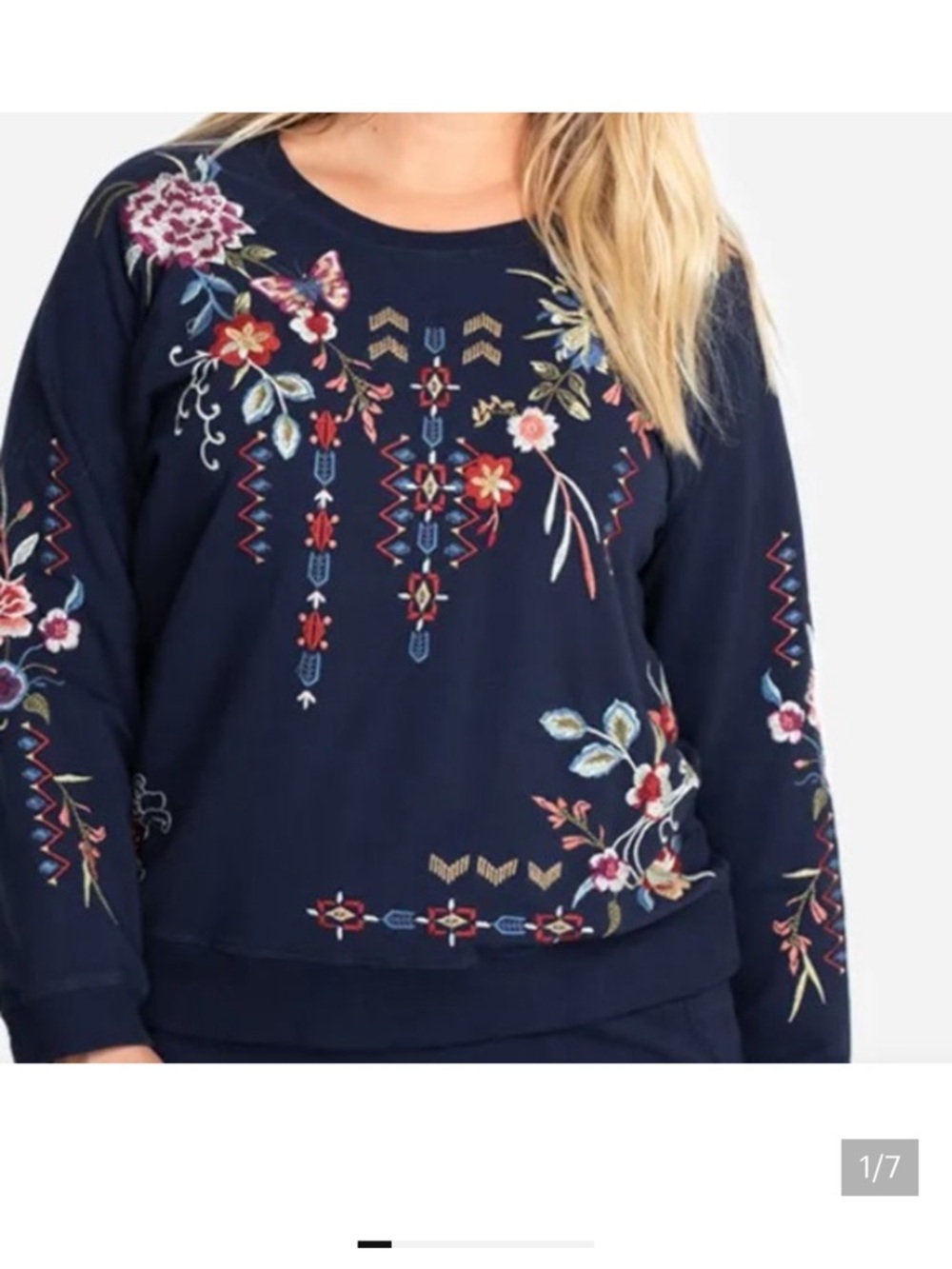 Johnny Was Dreamer Raglan Sweatshirt navy embroidered boho cotton xl